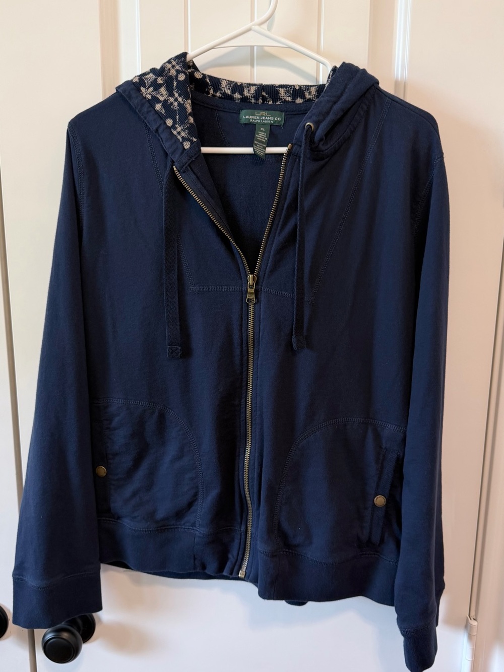 Ralph Lauren Jeans Co XL Navy Cotton Full Zip Hoodie Floral Lined Hood